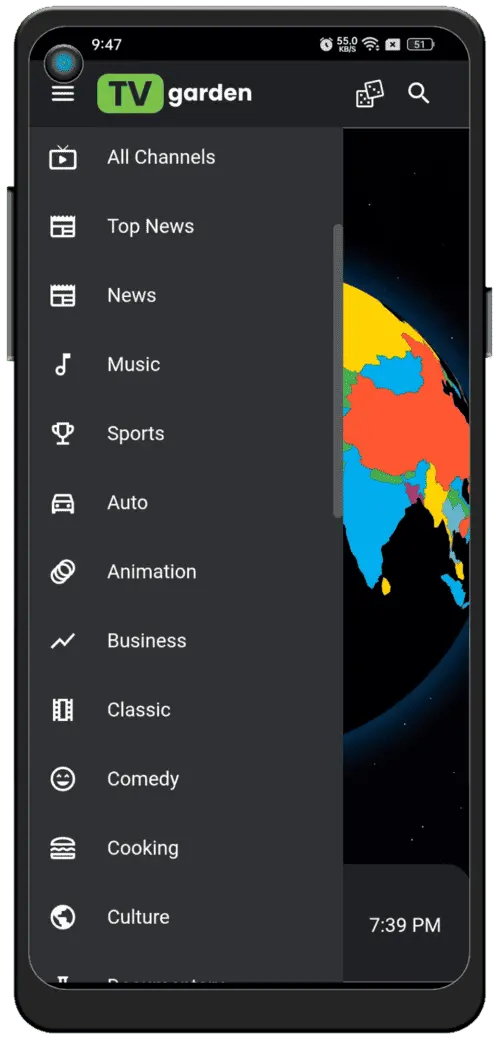 Shark TV side menu screen