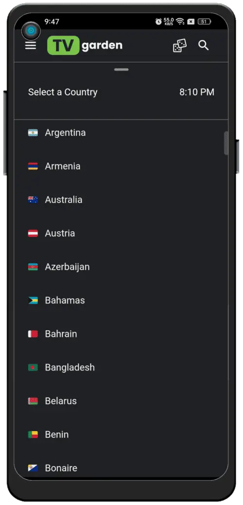 Shark TV country list screen